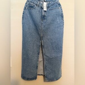 The Way Blue Denim Straight Midi Skirt with Front Slit